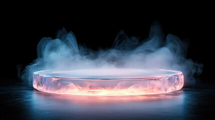 Captivating Round Ice Plate  podium With Soft Neon Light and Smoke Effect in a Dark Setting