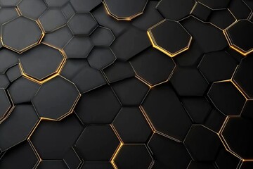 Abstract black background with a hexagonal pattern and golden lines, a vector presentation design illustration.