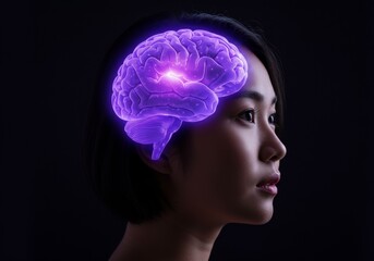 Obraz premium A woman with a glowing brain inside her head, symbolizing intelligence and thought.