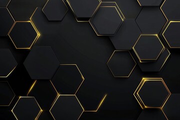 Obraz premium Abstract black background with a hexagonal pattern and golden lines, a vector presentation design illustration.