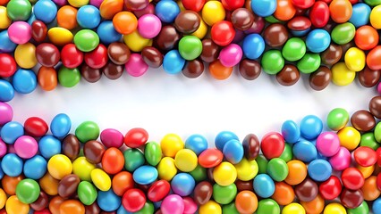 Obraz premium wide border of colorful coated chocolate candies on white background. 3d rendering