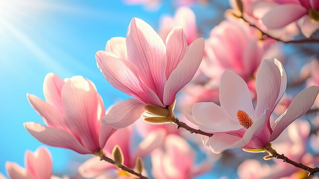  Soft pink magnolia blossoms against a bright blue sky, bathed in warm sunlight, showcasing delicate petals and the vibrant beauty of spring.