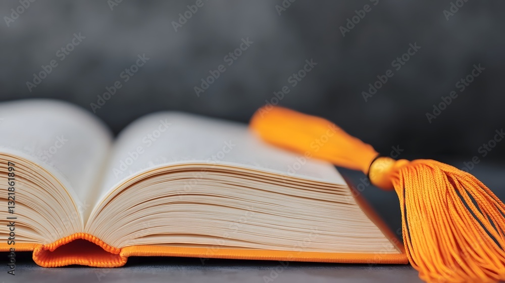 Poster open book with turning pages and graduation tassel highlighting a dynamic journey of learning and di