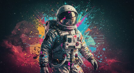 Fototapeta premium Astronaut floating in outer space. Creative concept. Space exploration and travel, cosmos discovering. International Day of Human Space Flight, World Space Week. Banner with copy space.