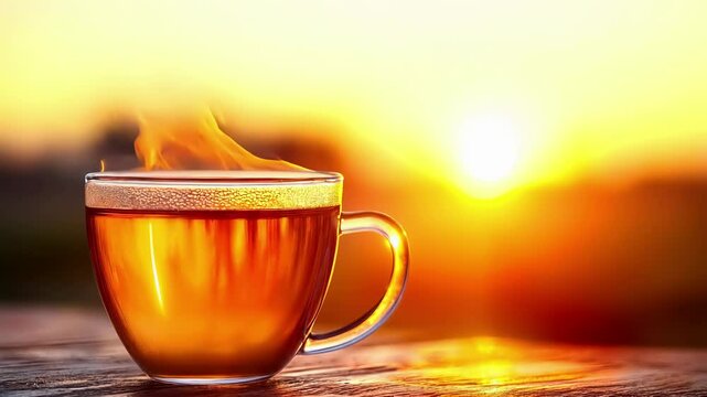 Hot steaming cup of amber tea on wooden surface during golden sunrise. Morning brew with rising steam against warm sunlight. Cozy beverage glowing in natural light. Perfect drink for peaceful autumn