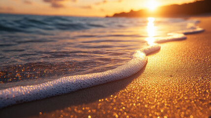 Golden sunset over tranquil beach with gentle waves and warm tones