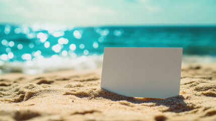 mock up Bright and Sunny Beach With a Blank Postcard Resting on Warm Sand by the Sea