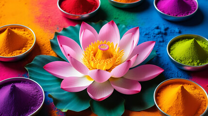 Vibrant Holi powders arranged around a lotus flower celebrating the festival of colors in India