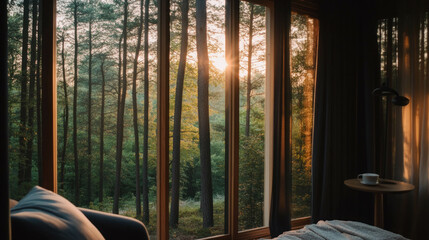 Dreamy Forest View With Soft Warm Lighting at Sunset, Captured Through Large Windows