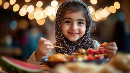 Naklejka premium Children enjoying iftar with joyful expressions small hands holding samosas and fruit skewers while giggles fill the air.