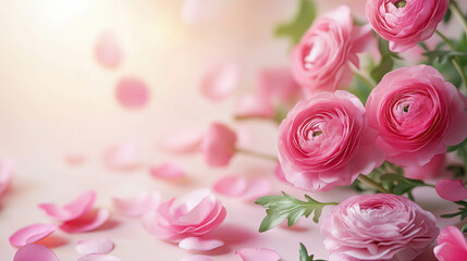 Stunning Arrangement of Pink Ranunculus Flowers With Delicate Petals on a Soft, Light blur Background