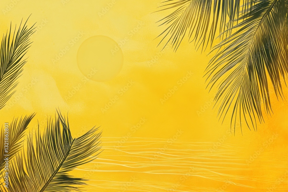 Poster a yellow background with palm leaves and the sun in the sky, with space for text or graphics on one 