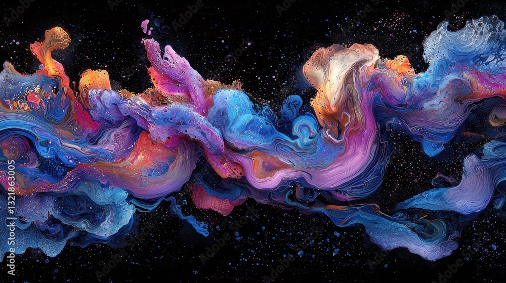 Poster abstract neon wave patterns intertwining and pulsating against a black background, symbolizing music