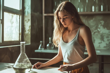 A woman is sitting at a table with a beaker in front of her
