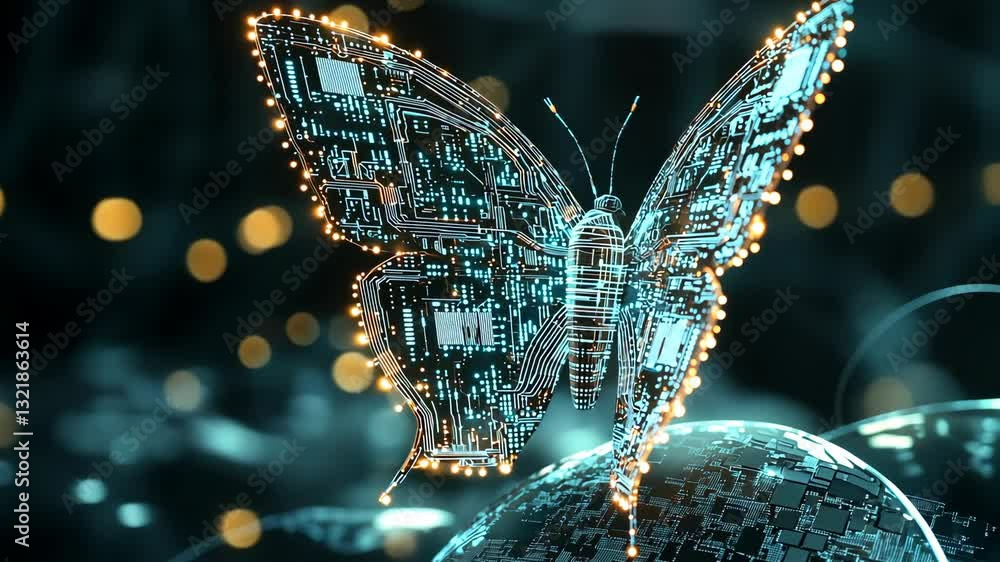 Poster digital butterfly with glowing circuit patterns rests on a futuristic orb in a tech-inspired environ