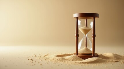 Peaceful wooden hourglass measuring time on sand surface