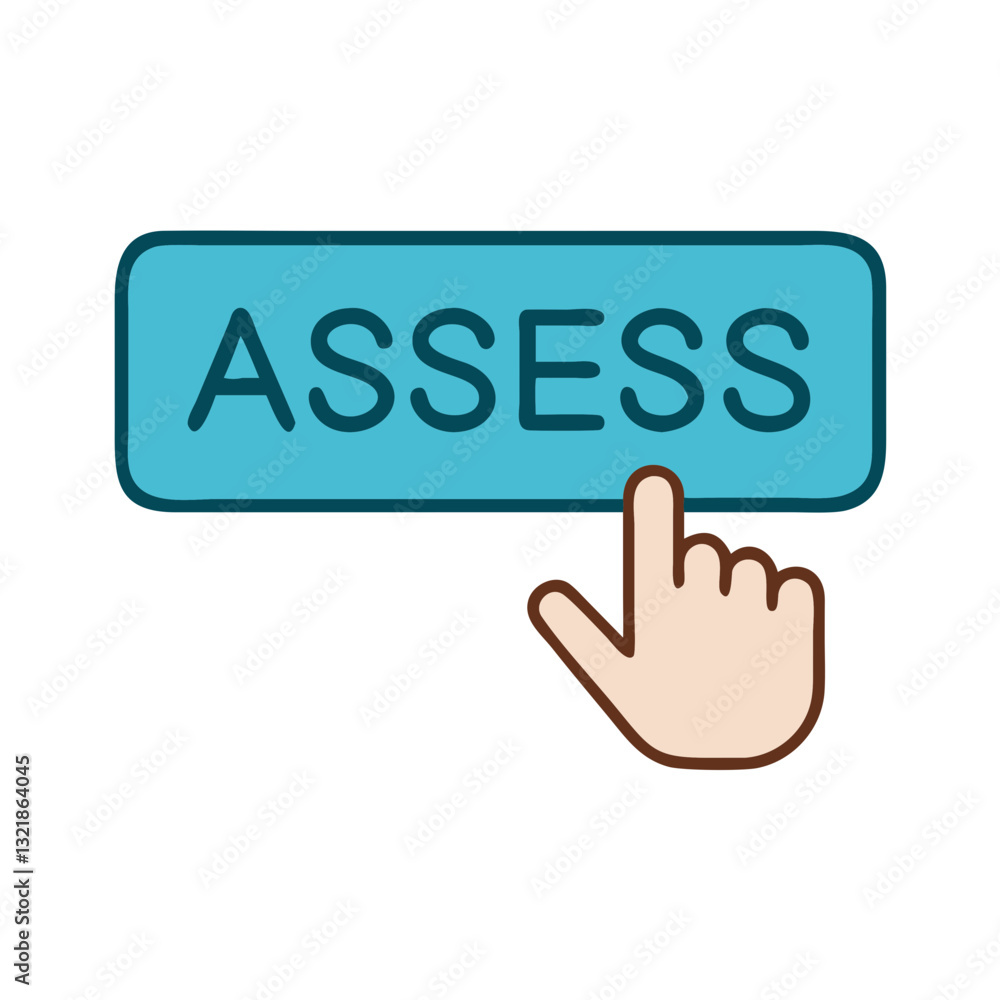 Poster assess button icon with pointing hand, digital interaction concept