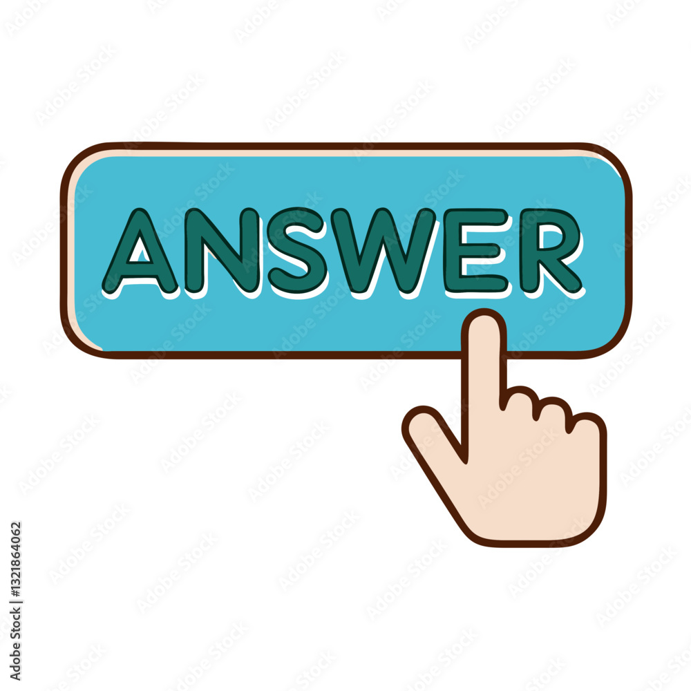 Aufkleber answer button icon with hand pressing, interactive concept