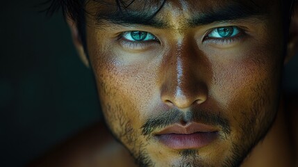 Fototapeta premium Intense Gaze: A Close-Up Portrait of a Man with Striking Blue Eyes
