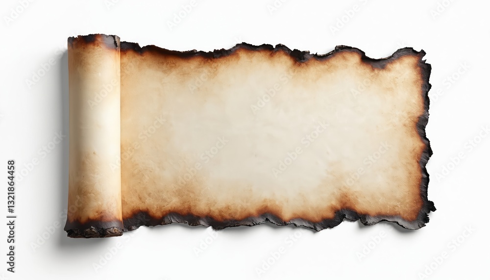 Poster Burnt paper scroll with dark edges on transparent background. Edges smoldering, paper aged look. Use blank space to add graphics, text, perfect for digital compositing and design.
