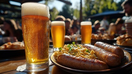  German beer garden feast with sausages and pretzels, a wooden table lined with sizzling bratwurst, mustard, and freshly baked pretzels, served with cold beer.
