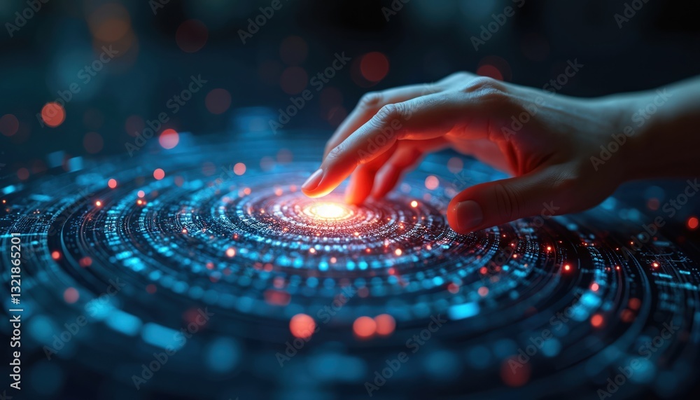 Poster hand touches spinning tech data flow. data processing visualization. virtual vortex background with 