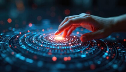 Hand touches spinning tech data flow. Data processing visualization. Virtual vortex background with glowing lights, bright, vibrant colors. Streamline machine learning, touching innovation. Digital