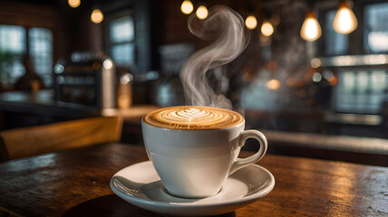 "Steaming Hot Cappuccino with Latte Art in Cozy Café"