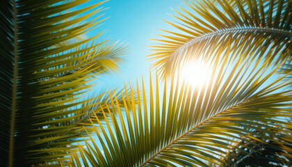 Tropical palm fronds, sunlight filtering through leaves, vibrant green palm leaves