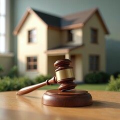 Wooden gavel on table with blurred house background. Real estate auction and foreclosure concept. Symbol of justice and law in property market. Home buying and selling. Legal process.