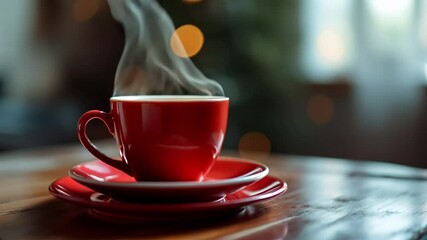 hot coffee in red cup Put on wooden floor with black background
