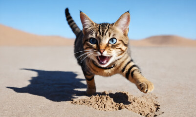 Funny cat playing on beach. Playful kitten jumping running. Animals