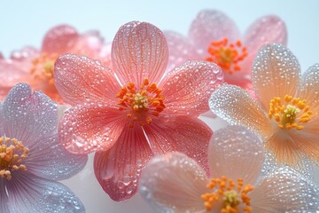Fototapeta premium A beautiful arrangement of delicate flowers adorned with glistening droplets, showcasing shades of pink and white. Perfect for nature lovers.