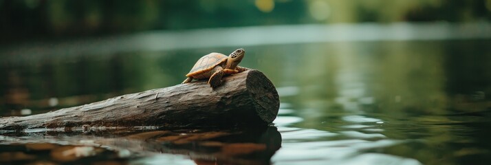 Obraz premium A peaceful turtle rests on a log in calm waters, symbolizing tranquility and a connection to nature, portrayed with soft light reflecting off the gentle ripples.