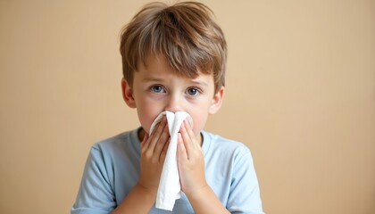 Young boy wipes his nose with napkin. Kid has runny nose symptom cold or flu. Child uses tissue. Healthcare, hygiene. Boy suffering from allergy. Sad unwell ill kid with health problems.