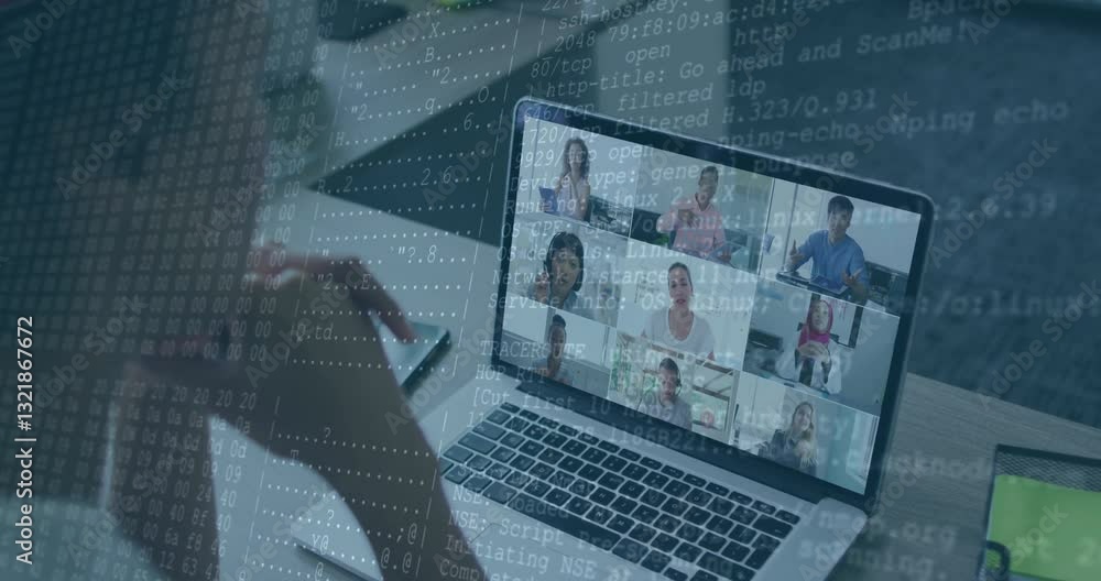 Poster video call on laptop screen with coding animation overlaying participants