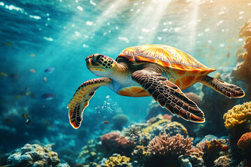 Obraz premium A graceful turtle glides through a vibrant coral reef, surrounded by colorful tropical fish, with sunlight filtering through the clear blue water, creating a serene underwater scene