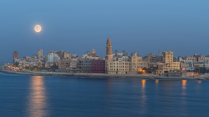 Obraz premium Stunning Night View of Alexandria, Egypt under the Full Moon