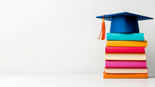 A stack of colorful books topped with a blue graduation cap, symbolizing education and achievement.