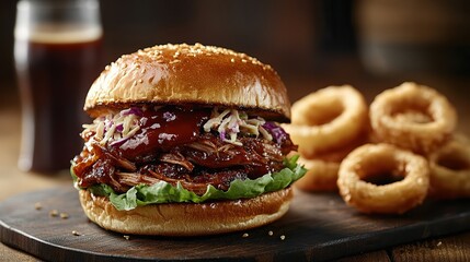  Pulled pork BBQ burger dripping with smoky sauce slow-cooked pulled pork piled high on toasted bun, covered in tangy barbecue sauce and creamy coleslaw.