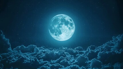 Mystical Blue Full Moon Shining Over a Sea of Dreamy Clouds at Night