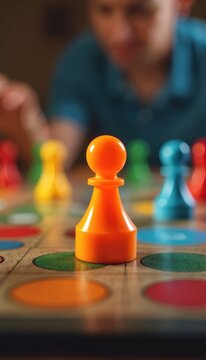 Colorful board game pieces on board. Person playing boardgame, having fun. Orange pawn in focus, strategic thinking in boardgames like Ludo or Pachisi.