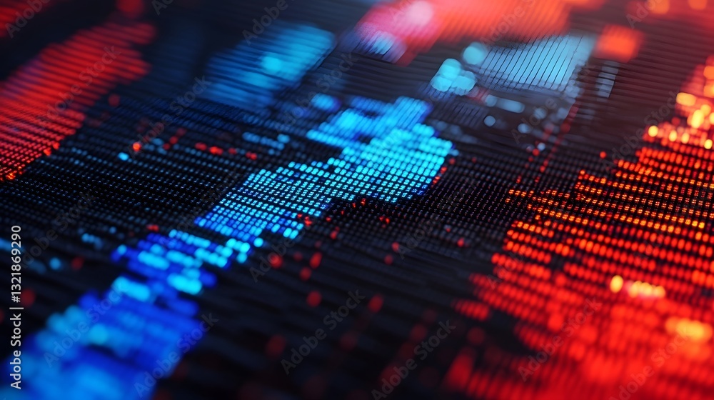 Poster high-tech digital visualization of pixelated country flags on futuristic interface