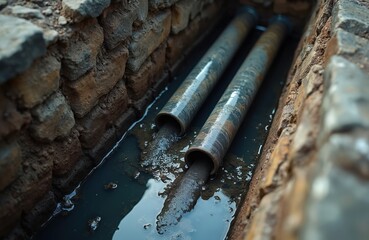 Clogged sewer pipes with grease in old stone ditch. Dirty water, blockages, sewage, sanitary problems. Industrial plumbing tubes after cleaning, sanitary drain outflow, drainage background.
