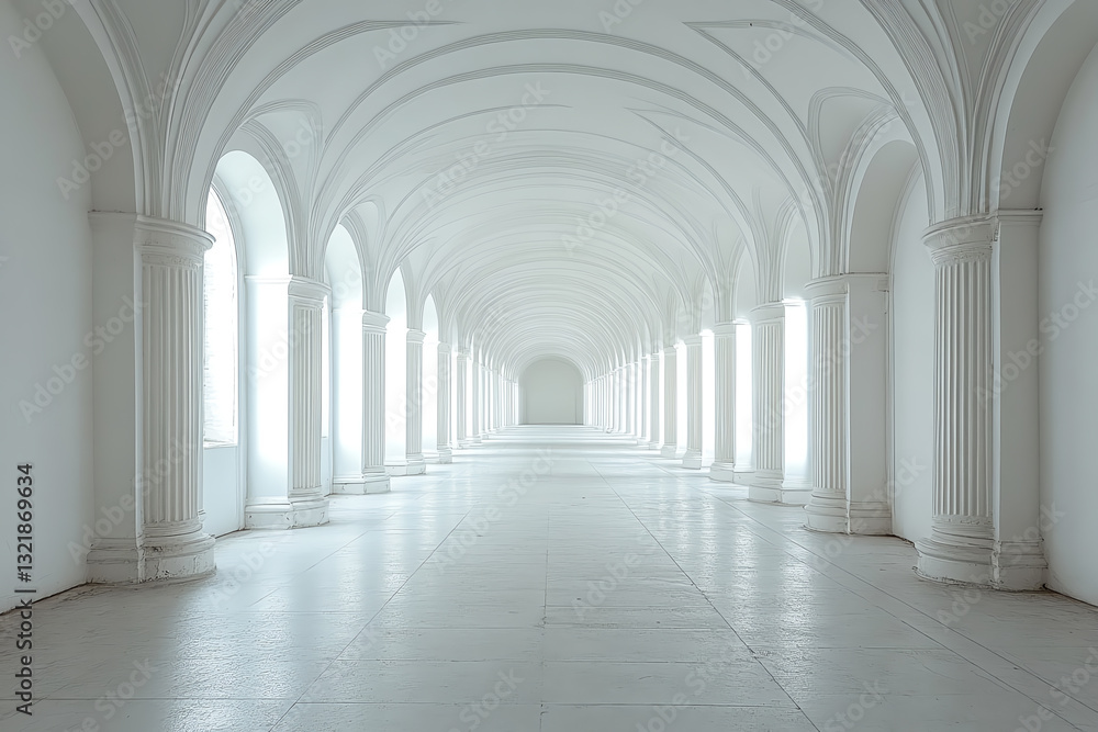 Aufkleber A bright, spacious hallway featuring elegant arches and ample natural light, creating an atmosphere of openness and tranquility in modern architecture.