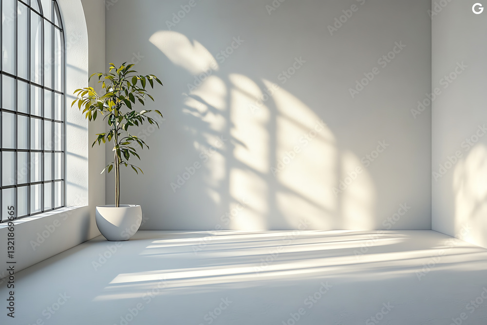 Poster a bright and airy indoor space featuring a potted plant beside a large window, creating a tranquil a