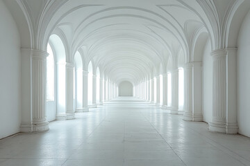 A bright, spacious hallway featuring elegant arches and ample natural light, creating an atmosphere of openness and tranquility in modern architecture.