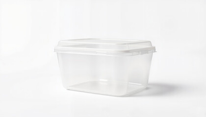 Clear plastic storage container on white background