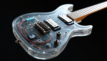 Obraz premium 3D render of transparent electric guitar isolated on black. See-through guitar shows visible internal components, wiring. Modern design embodies tech innovation, musical performance and visual art.