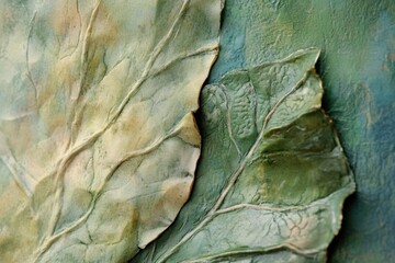Two textured artistic green leaves with detailed veins and edges